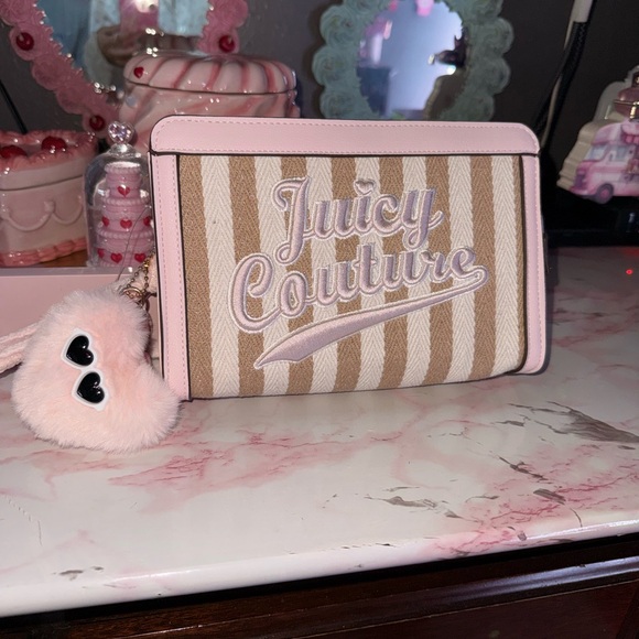 Juicy Couture Pink & Tan Striped Makeup Bag with Faux Fur Charm - Picture 4 of 7